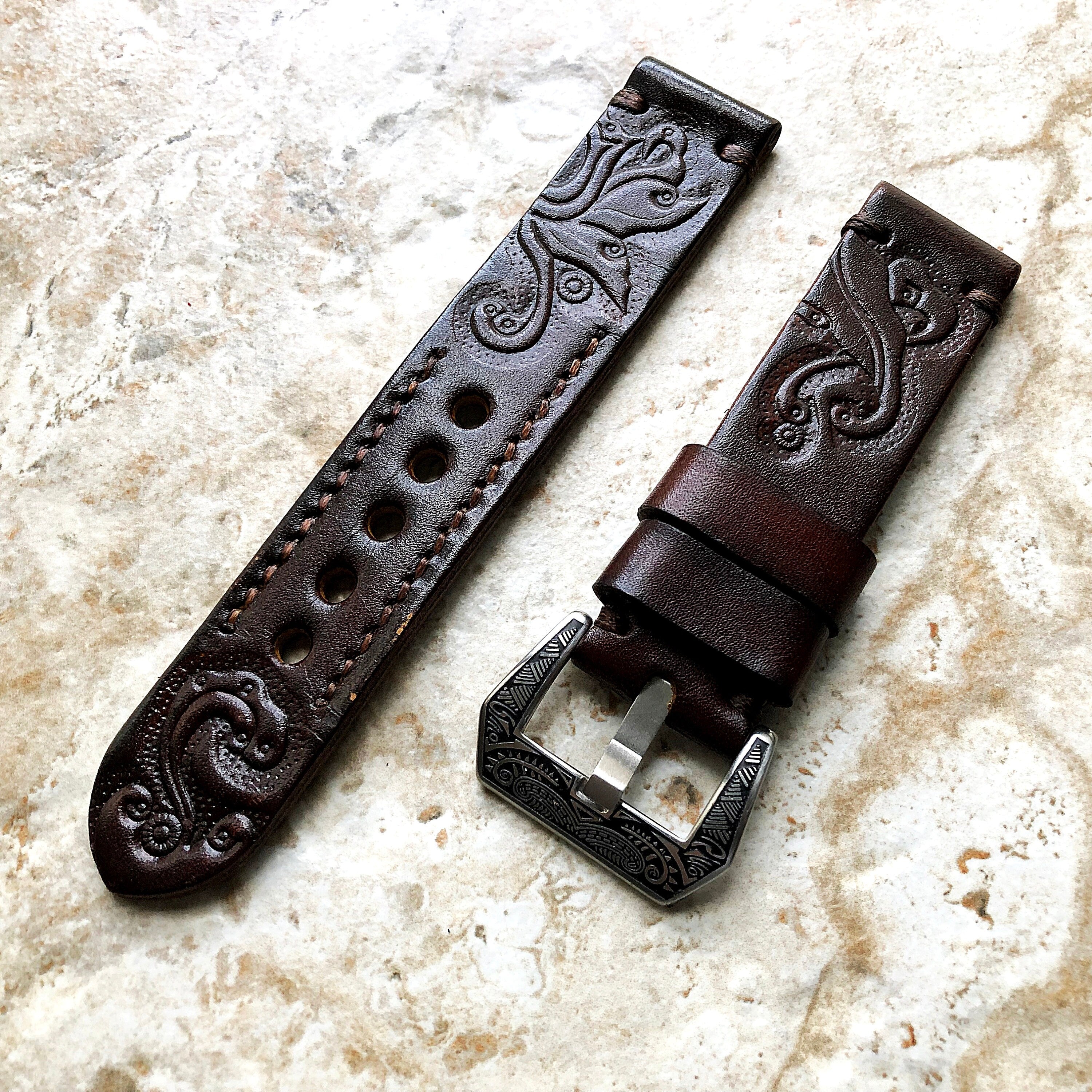 Dark Brown Band 22mm 24mm 25mm Compatible with Apple Watch Fitbit Versa 2 3 4 Sense 2 Ionic Embossed Tooled Real Leather Strap